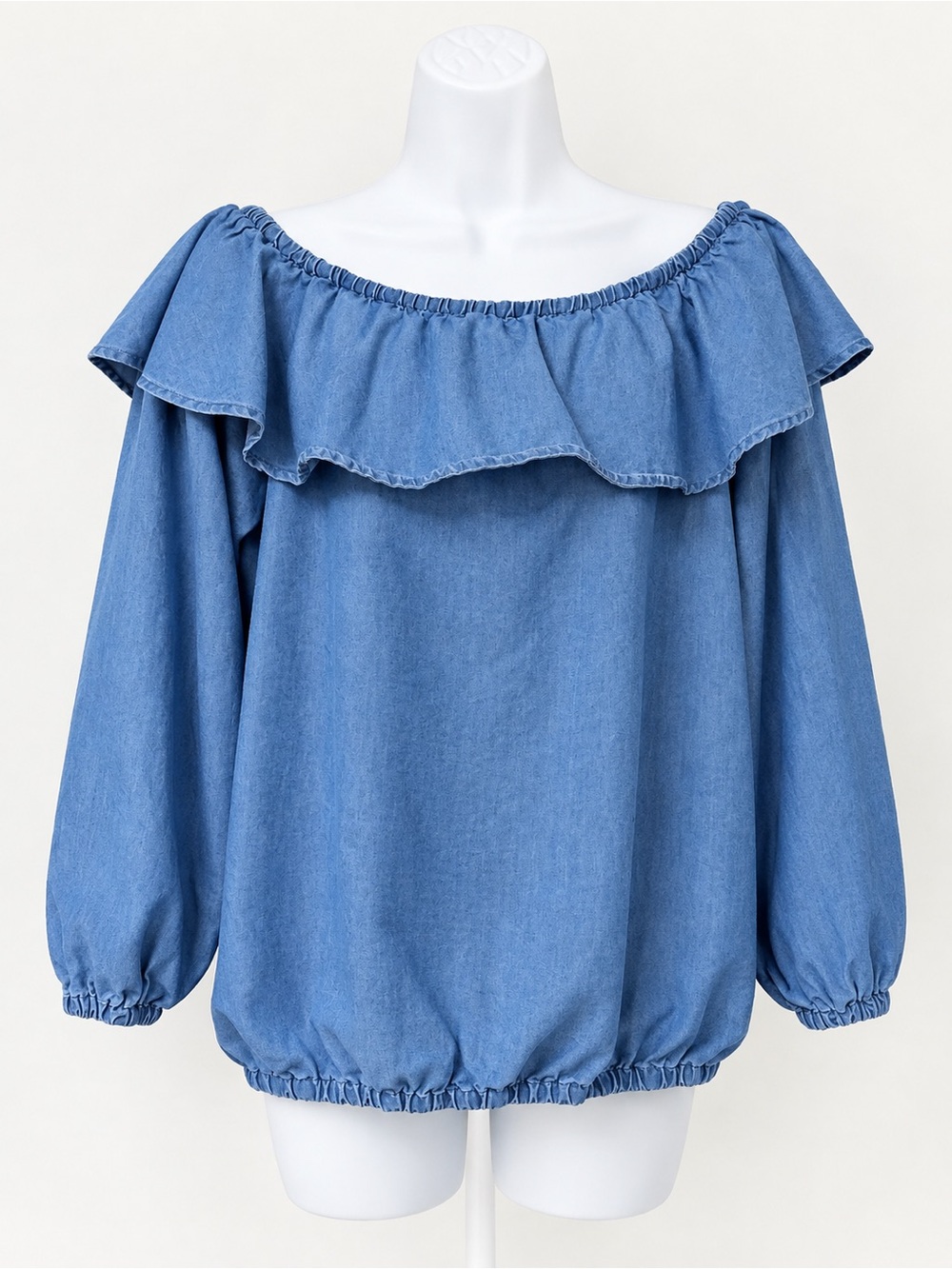Michael Kors Blue Off-Shoulder Ruffle Denim Top